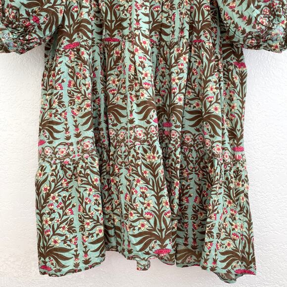 Karni Indian Cotton Floral Tiered Mini Dress Balloon Sleeves Block Print Boho - Picture 3 of 8